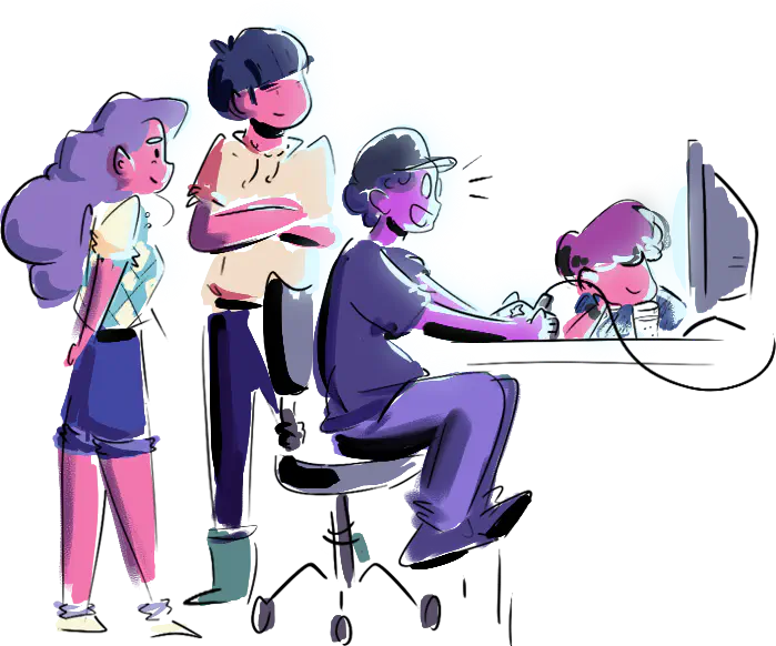 Group of illustrated characters standing/sitting cozy behind a computer
