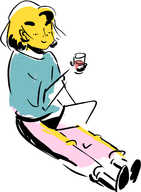 Illustrated character sitting relaxed, a laptop in their lap and a drink in their hand