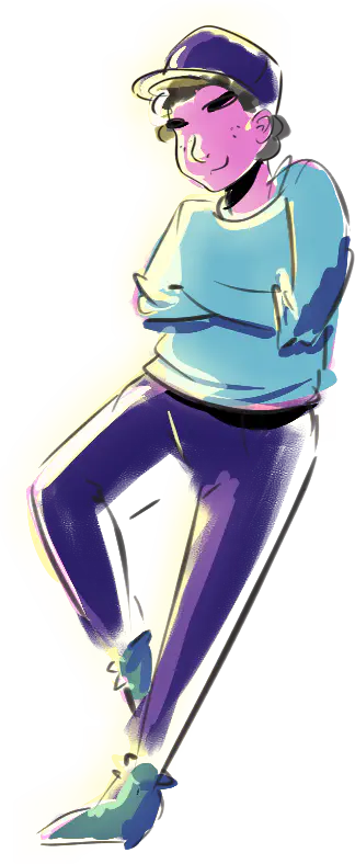 Illustrated character leaning, arms crossed, a confident smirk is visible