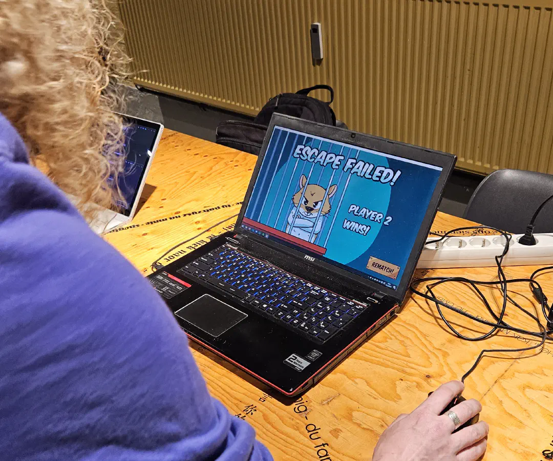 A photo taken during the Open Dev Mix, a person is playing a game in front of a laptop